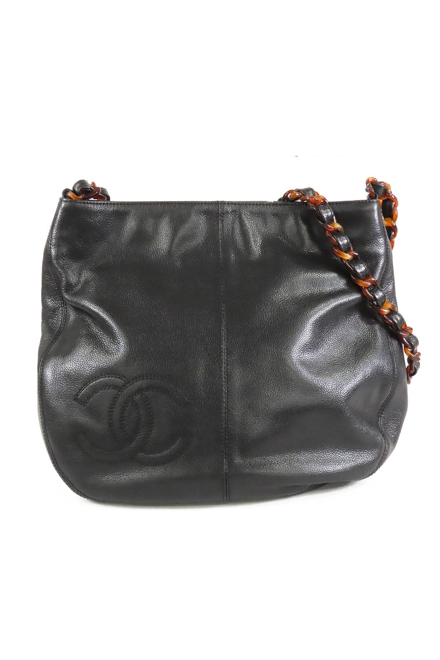 Chanel Plastic Chain Black Blanc Leather CC Logo Stitch Shoulder Bag